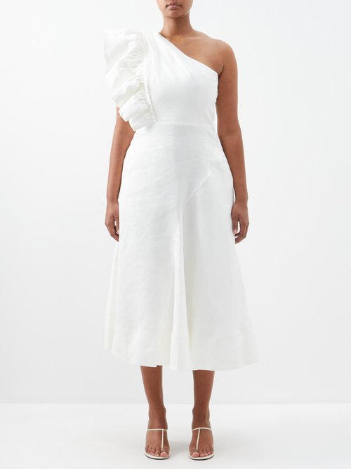 Aje - Bonjour Asymmetric Ruffled Linen-blend Dress - Womens - Ivory