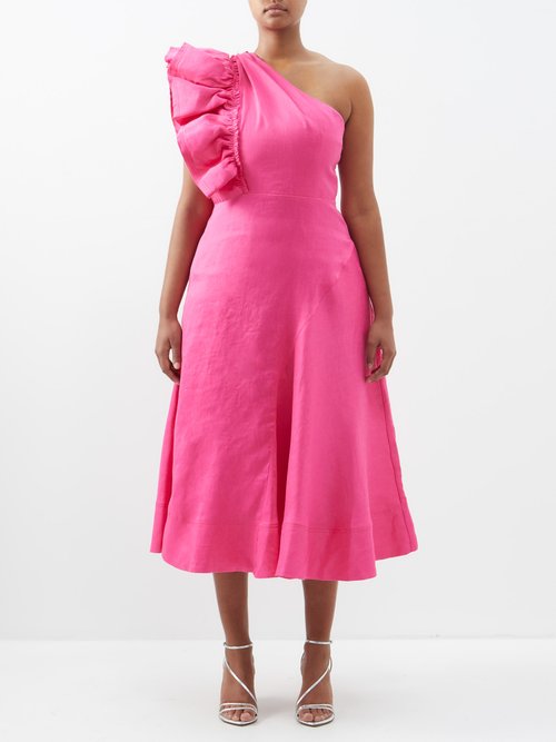Aje - Bonjour Asymmetric Ruffled Linen-blend Dress - Womens - Pink