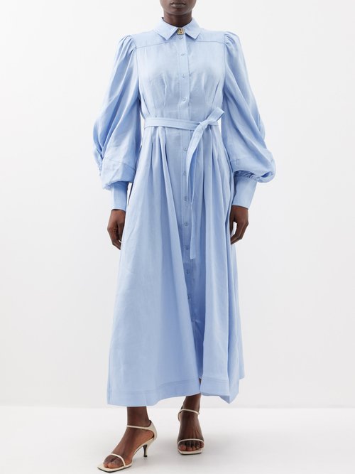 Aje - Bonnie Knotted-sleeve Linen-blend Shirt Dress - Womens - Light Blue