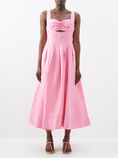 Aje - Divinity Pearl-pin Cutout Linen-blend Dress - Womens - Pink