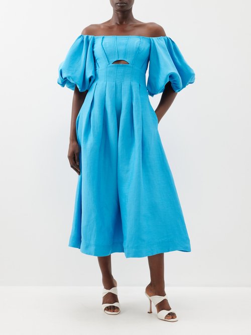 Aje - Eugenie Off-the-shoulder Linen-blend Midi Dress - Womens - Blue