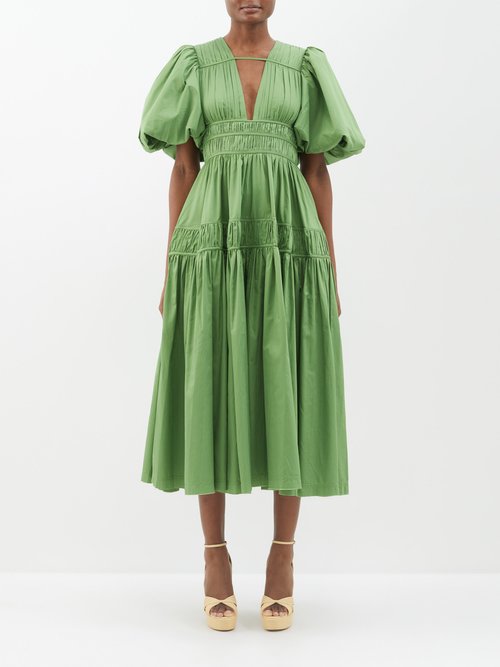 Aje - Fallingwater Pintuck-pleated Cotton Midi Dress - Womens - Khaki