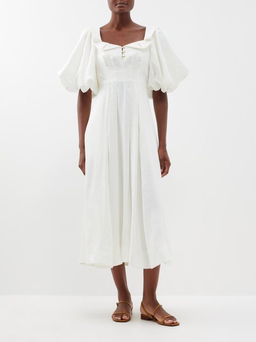 Aje - Jessica Frilled Linen-blend Midi Dress - Womens - Ivory