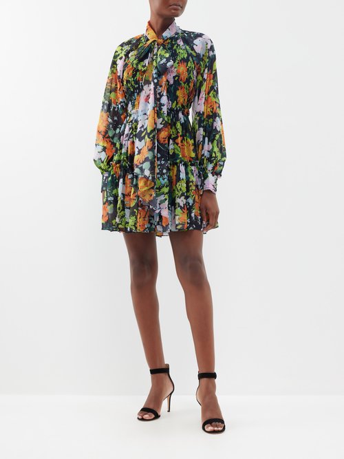 Aje - Marlowe Shirred Floral-print Crepe Mini Dress - Womens - Black Multi