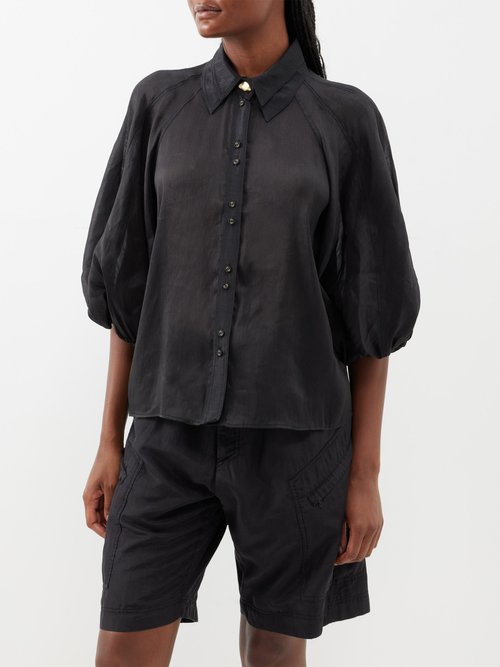 Aje - Palms Puffed-sleeve Linen-blend Shirt - Womens - Black