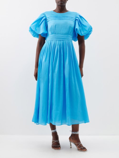 Aje - Sylvie Pintucked Linen-blend Voile Midi Dress - Womens - Blue