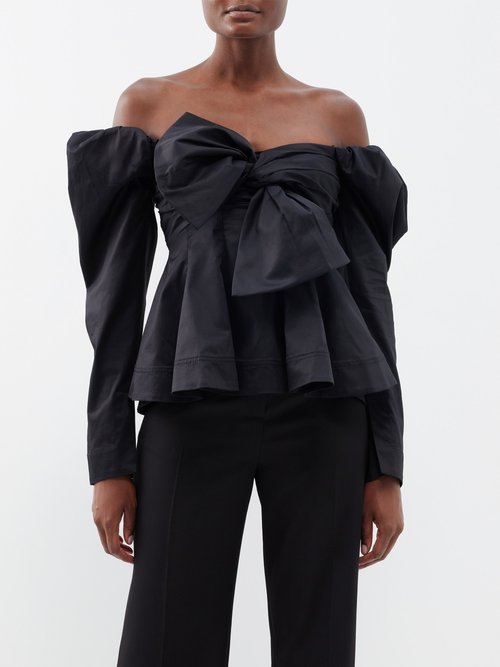 Aje - Valetina Off-the-shoulder Tie-front Cotton Blouse - Womens - Black