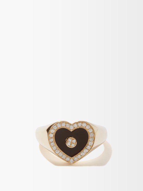 Anissa Kermiche - Heart Love Diamond, Onyx & 14kt Gold Ring - Womens - Yellow Gold