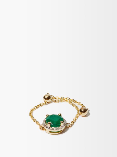 Anissa Kermiche - May Diamond, Emerald & 14kt Gold Chain Ring - Womens - Green