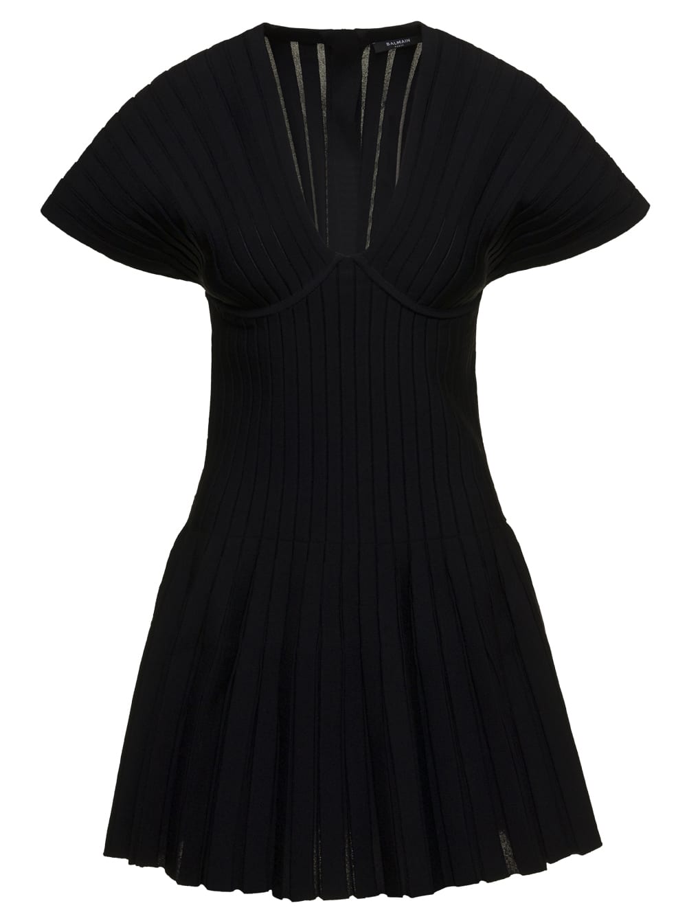 Balmain Short Sleeves Pleated Knit Short Dress