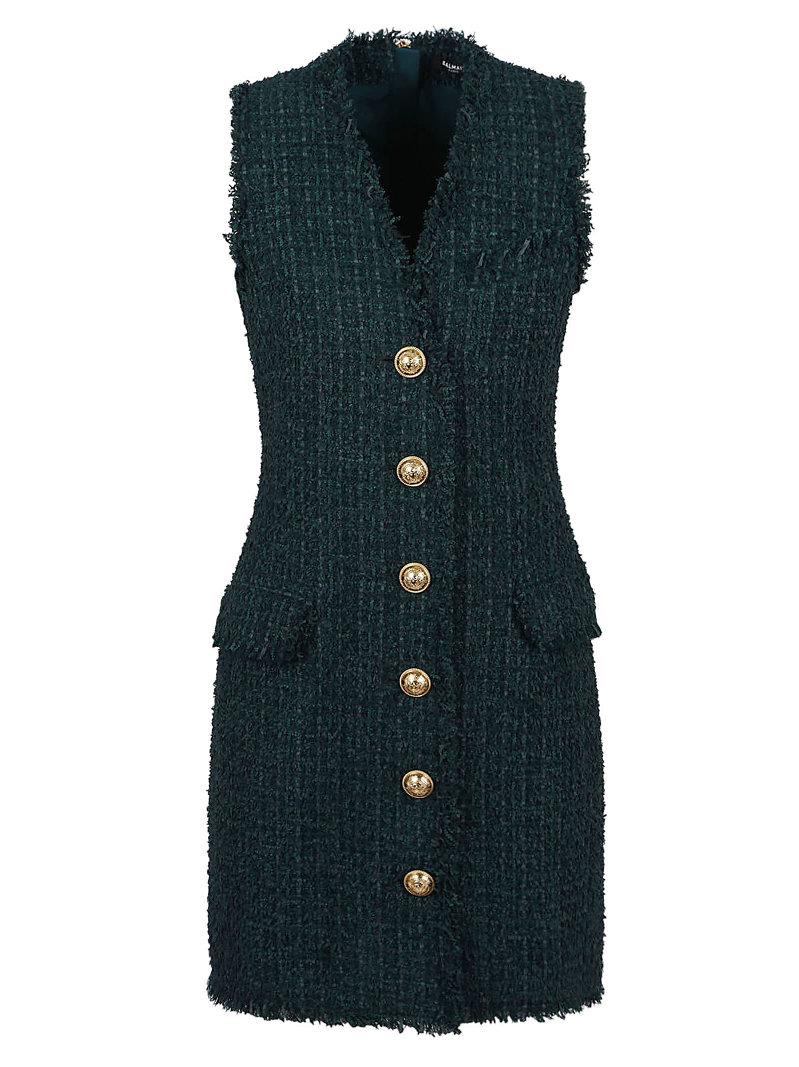 Balmain Sl V-Neck Buttoned Tweed Short Dress