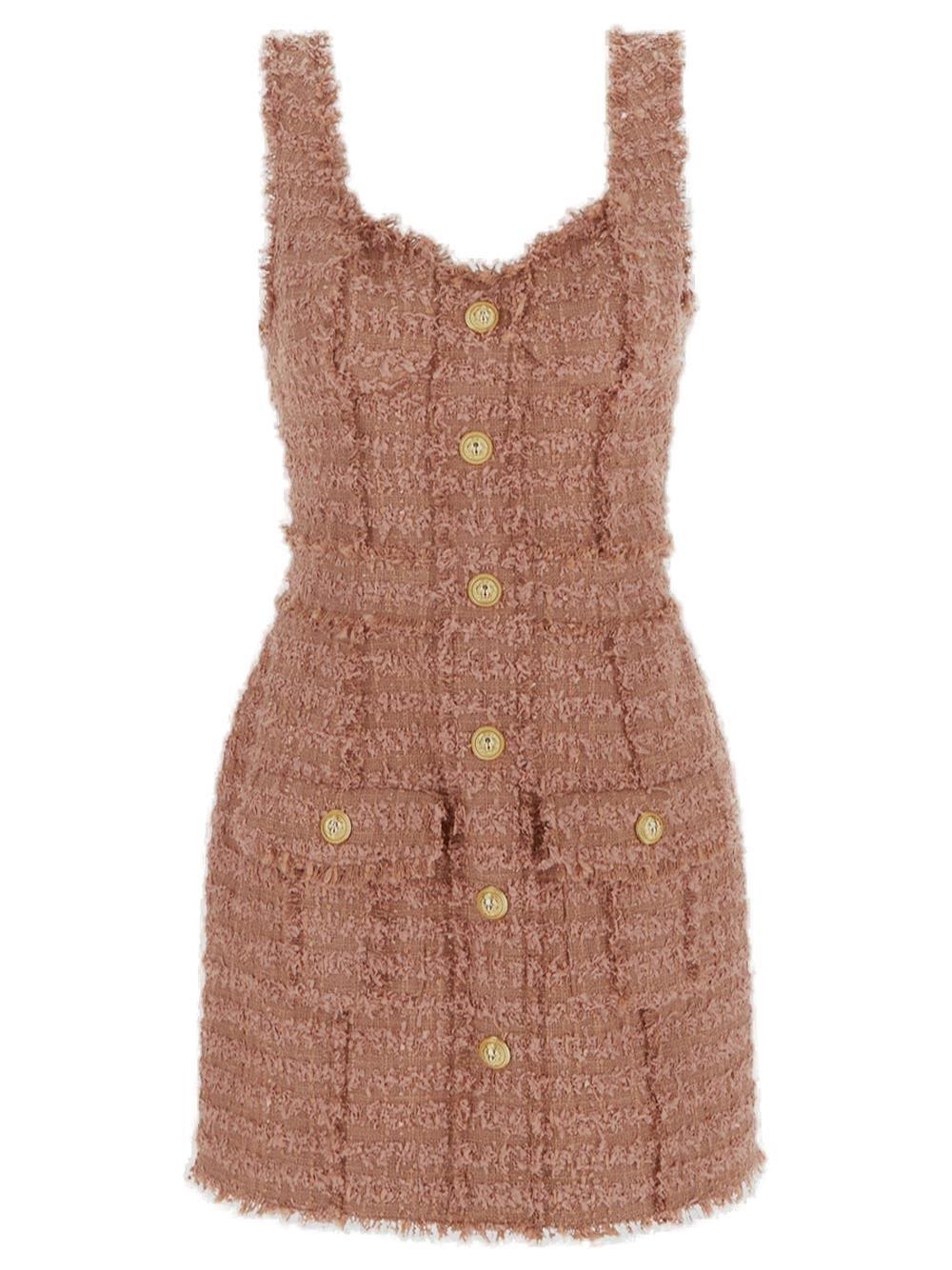 Balmain Sleeveless Tweed Buttoned Mini Dress