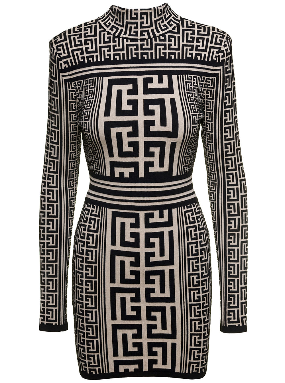 Balmain Two-Tone Mini Dress With All-Over Monogram Detail In Wool Blend Woman