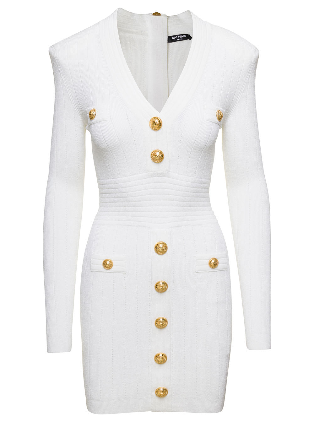 Balmain White V-Neck Knit Dress In Viscose Blend Woman