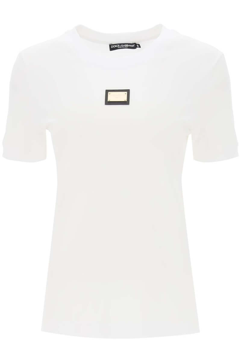Dolce & Gabbana-T Shirt Con Placca Logata In Metallo-Donna