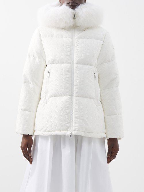 Moncler - Chambres Houndstooth Cotton-blend Down Coat - Womens - White