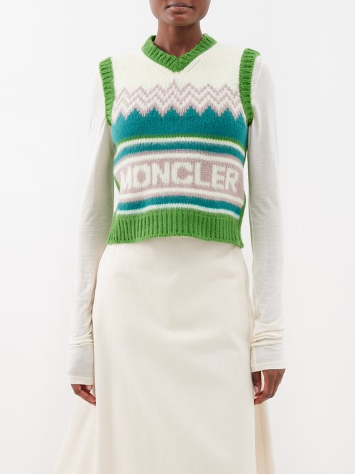 Moncler - Logo-intarsia V-neck Wool Sweater Vest - Womens - White Green
