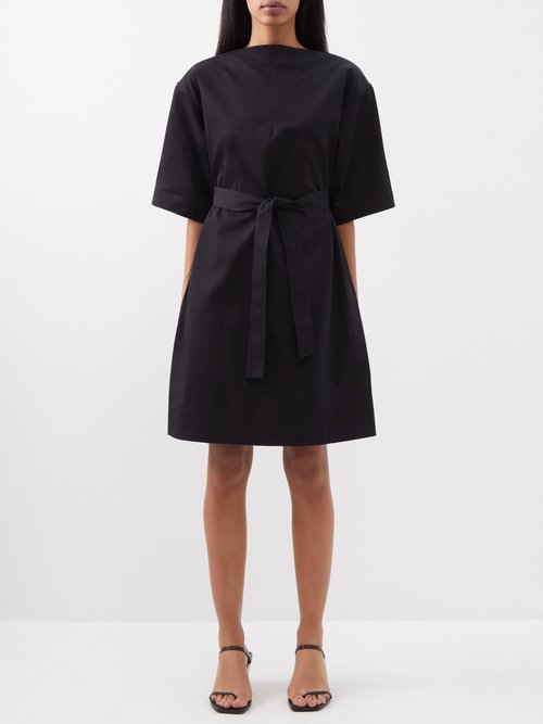 Toteme - Belted Poplin Midi Dress - Womens - Black