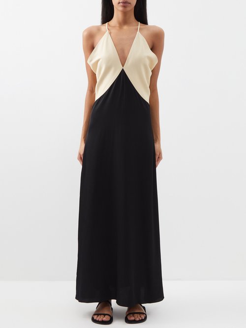 Toteme - Panelled V-neck Twill Maxi Dress - Womens - Black White