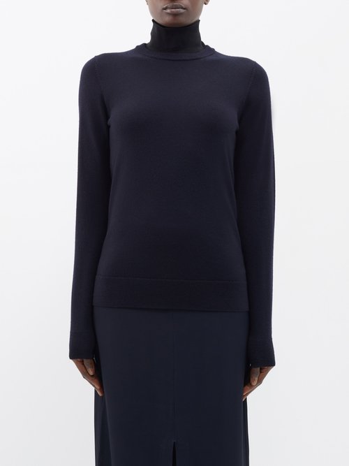Toteme - Two-tone High-neck Wool Sweater - Womens - Navy