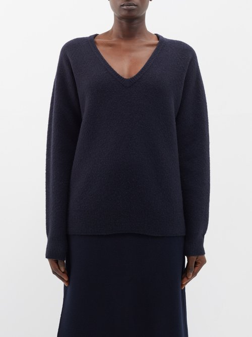 Toteme - V-neck Wool-blend Sweater - Womens - Navy