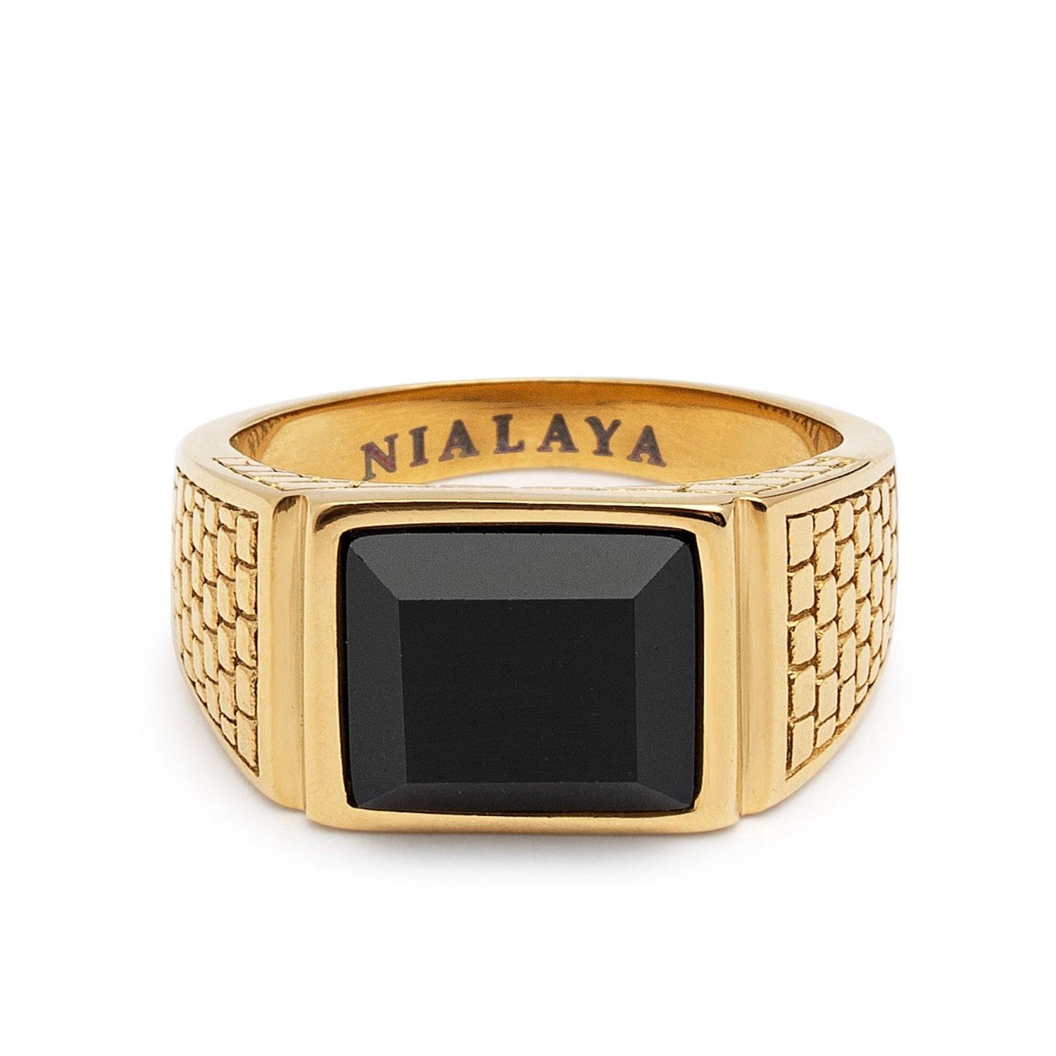 Black / Gold Men's Golden Brick Signet Ring With Agate Nialaya