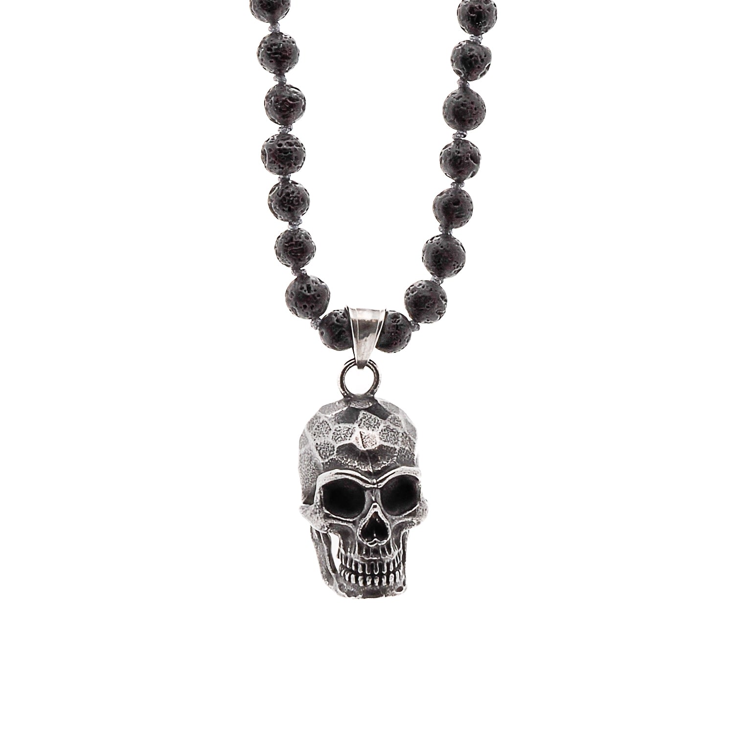 Black / Silver Inner Power Skull Black Men Beaded Necklace - Black Ebru Jewelry