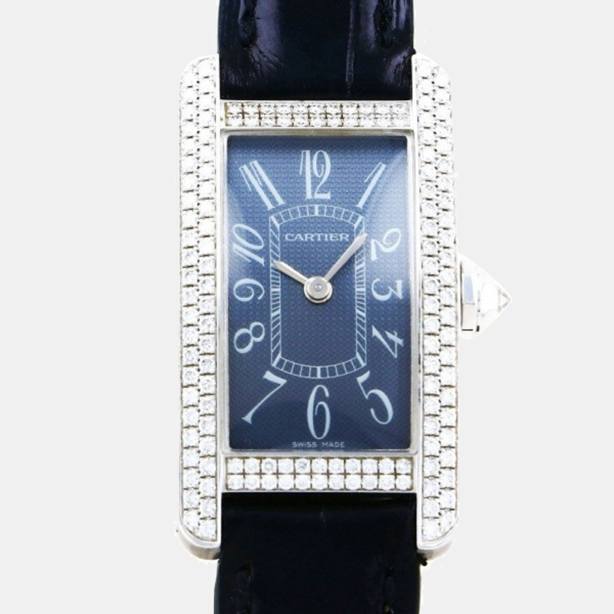 Cartier Blue Diamond 18K White Gold Tank Americaine Quartz Women's Wristwatch 19 mm
