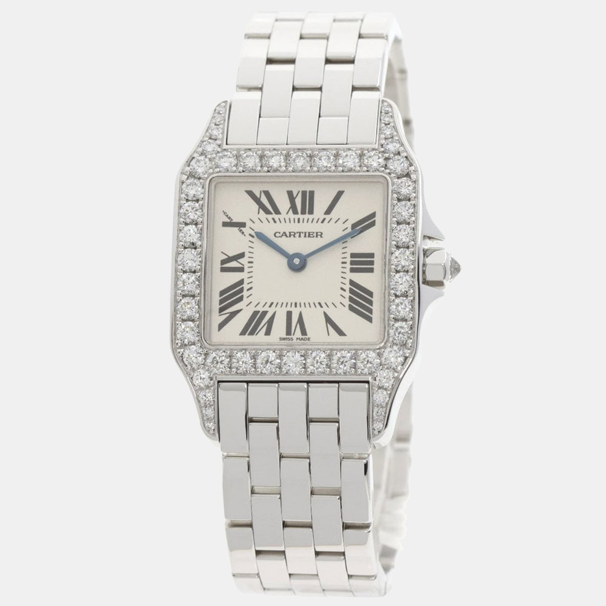 Cartier Ivory 18K White Gold and Diamond Santos Demoiselle WF9004Y8 Quartz Women's Wristwatch 26mm
