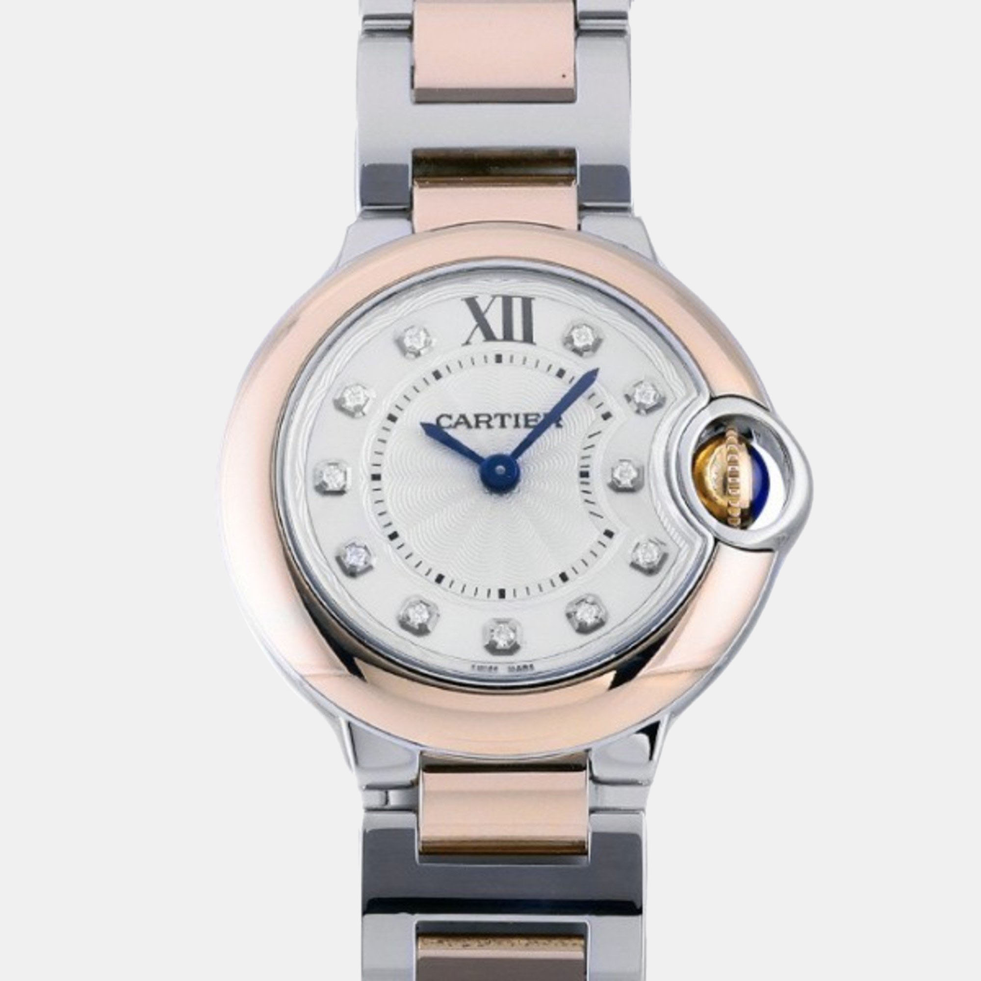 Cartier Silver Diamond 18k Rose Gold And Stainless Steel Ballon Bleu W3BB0005 Quartz Women's Wristwatch 28 mm