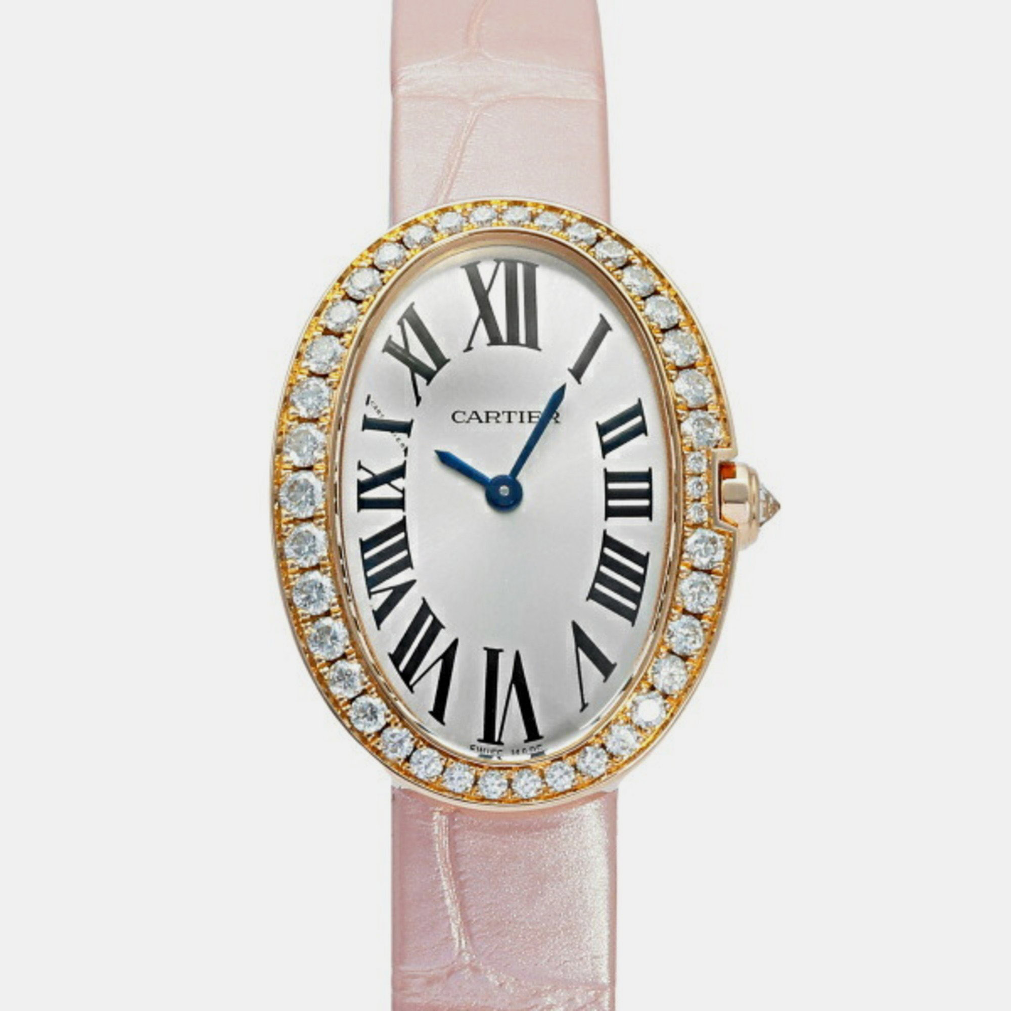 Cartier Silver Diamond 18k Rose Gold Baignoire WB520004 Quartz Women's Wristwatch 24.5 mm