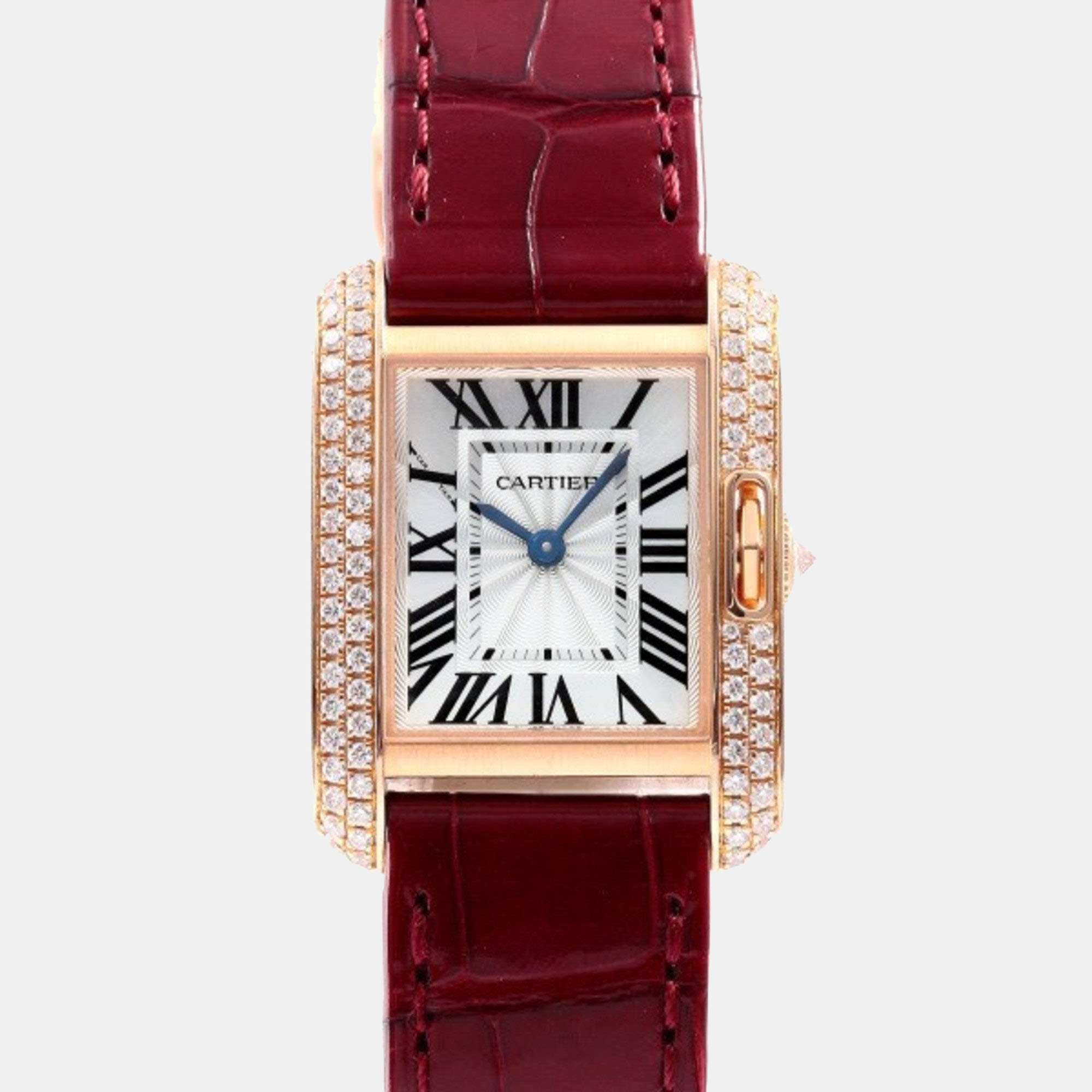 Cartier Silver Diamond 18k Rose Gold Tank Anglaise WT100013 Quartz Women's Wristwatch 23 mm