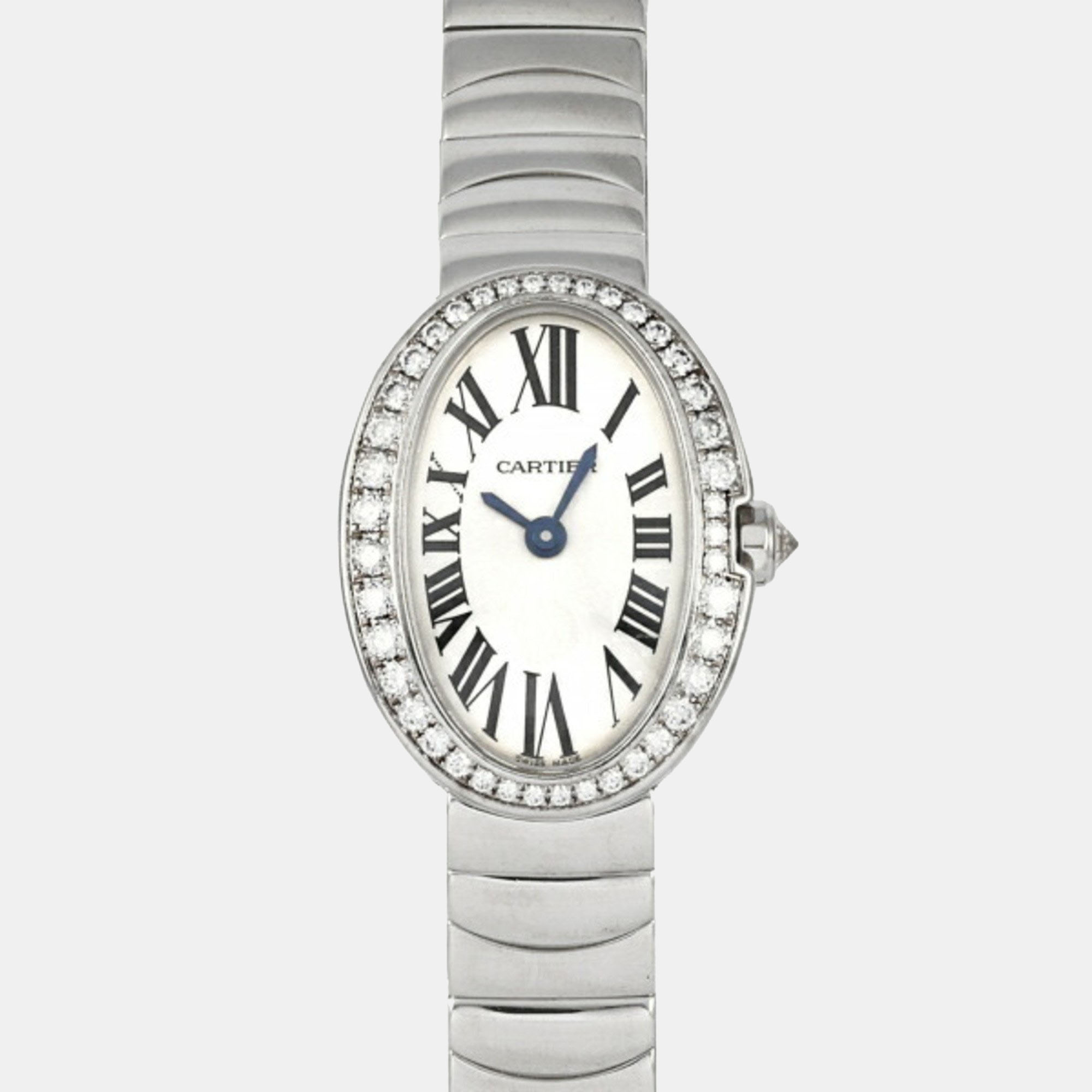 Cartier Silver Diamond 18k White Gold Baignoire WB520025 Quartz Women's Wristwatch 20 mm