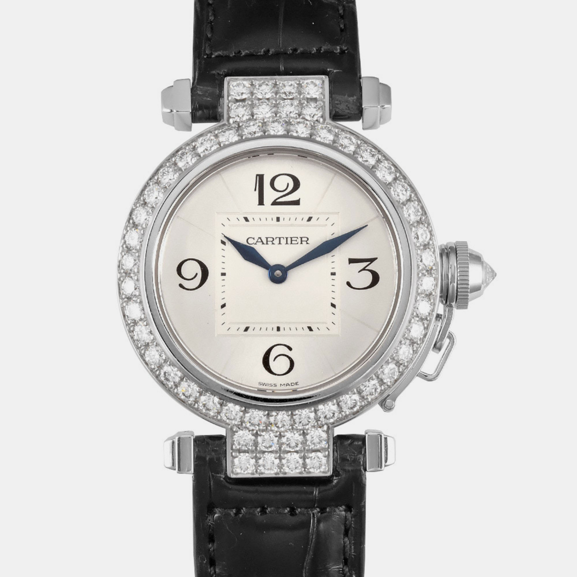 Cartier Silver Diamond 18k White Gold Pasha WJ11922G Quartz Women's Wristwatch 32 mm