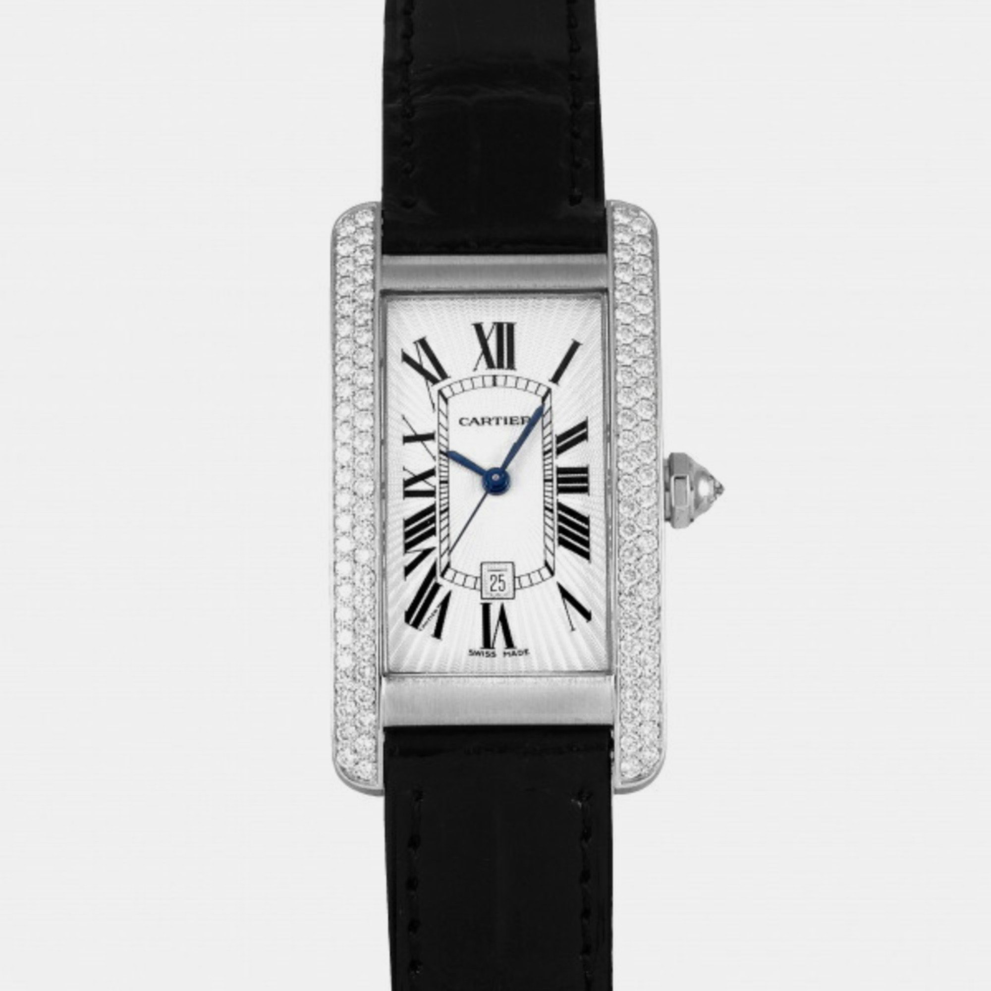Cartier Silver Diamond 18k White Gold Tank Americaine WB702651 Quartz Women's Wristwatch 19 mm