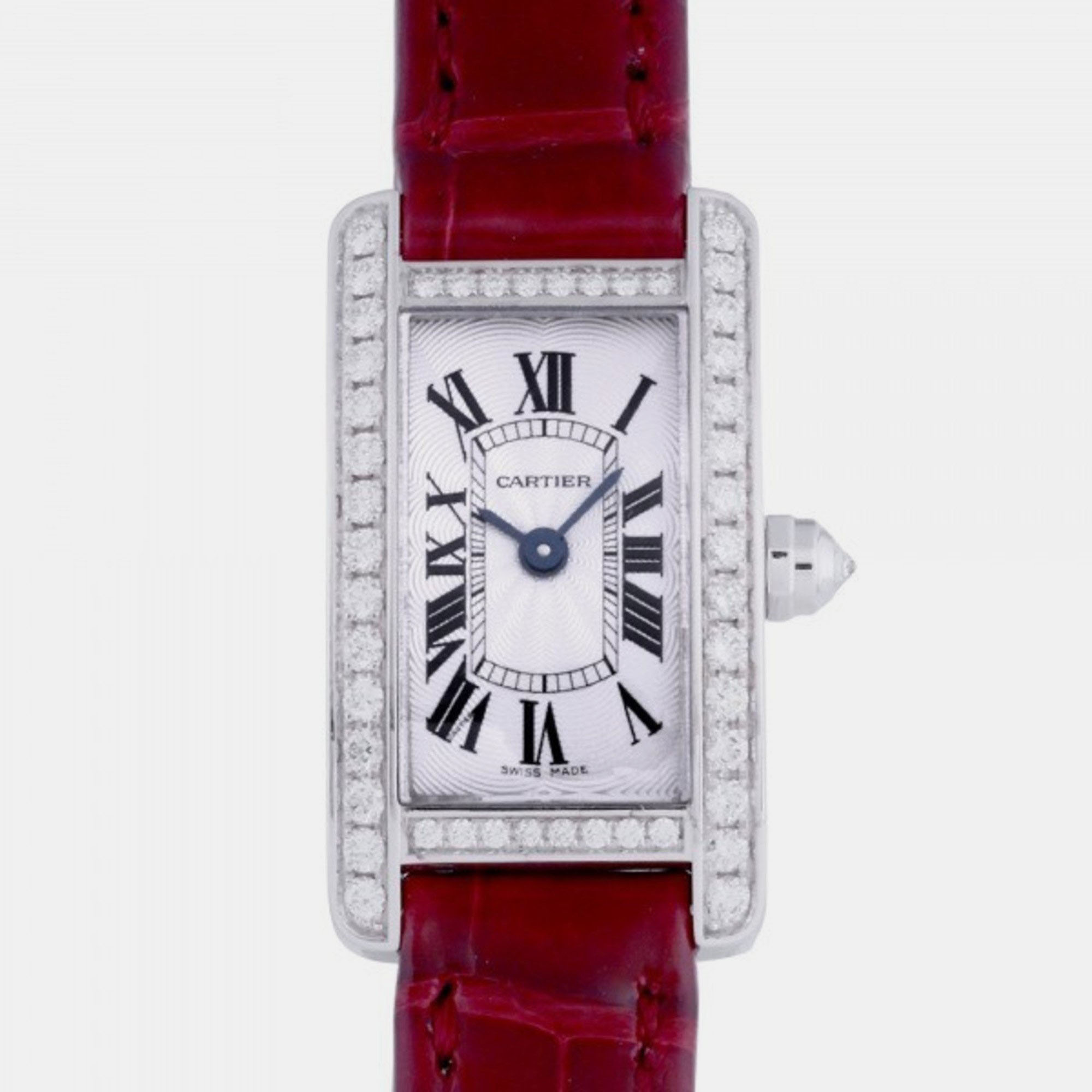 Cartier Silver Diamond 18k White Gold Tank Americaine WB710015 Quartz Women's Wristwatch 15 mm