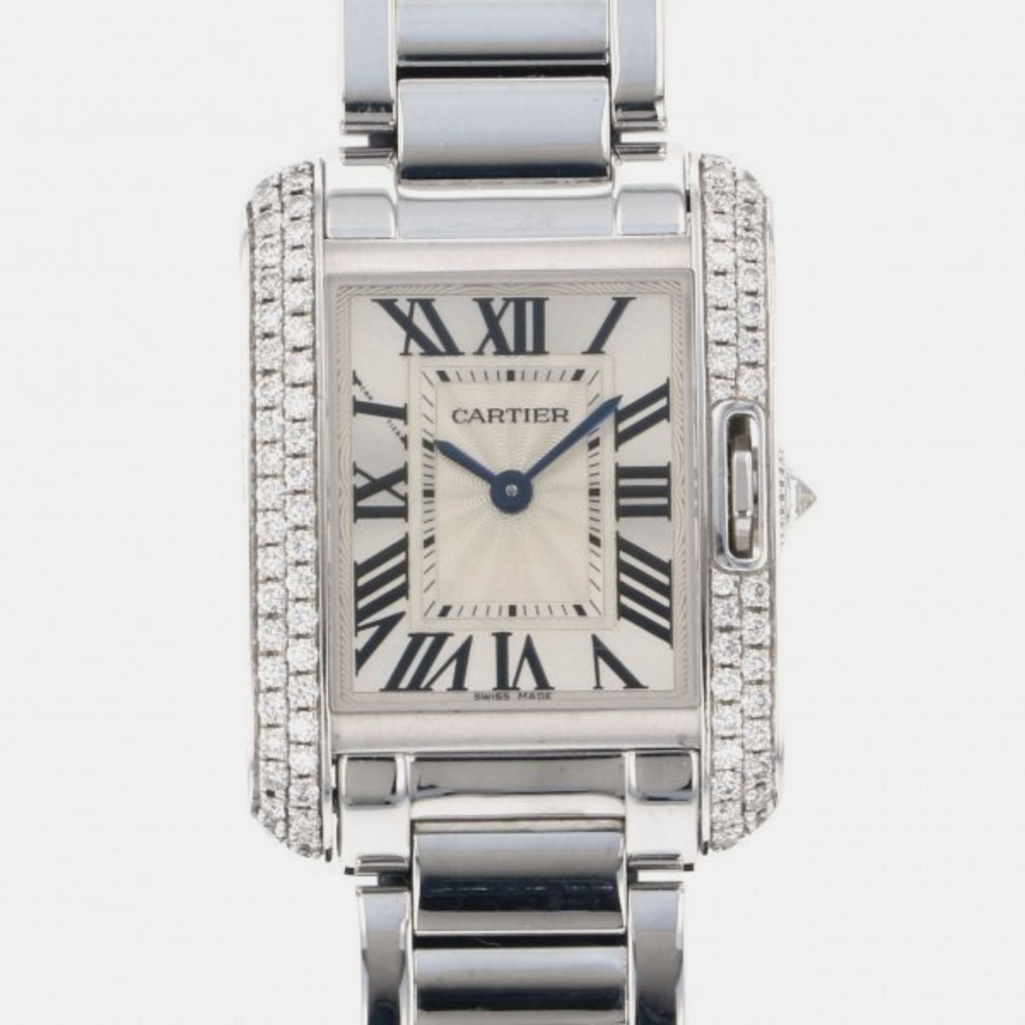 Cartier Silver Diamond 18k White Gold Tank Anglaise WT100008 Quartz Women's Wristwatch 23 mm