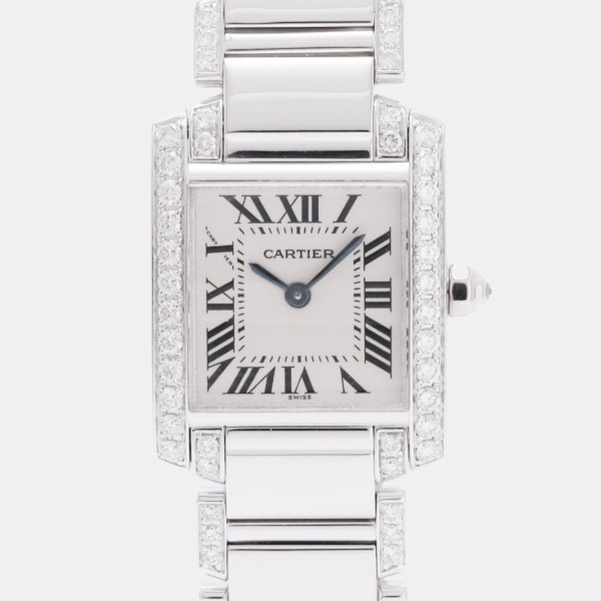 Cartier Silver Diamond 18k White Gold Tank Francaise WE1002SF Quartz Women's Wristwatch 20 mm