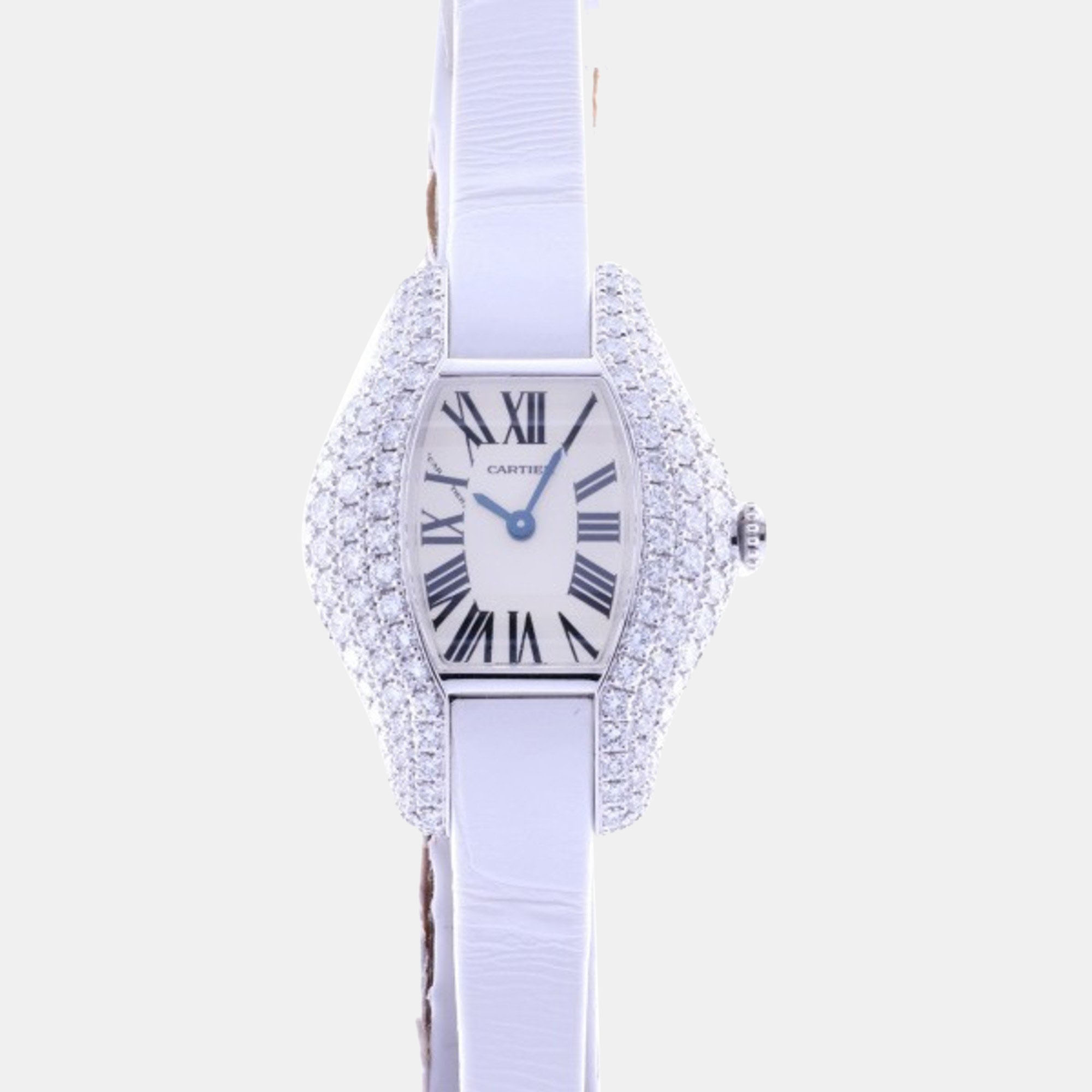 Cartier Silver Diamond 18k White Gold Tonneau Allondi WJ301750 Quartz Women's Wristwatch 27 mm