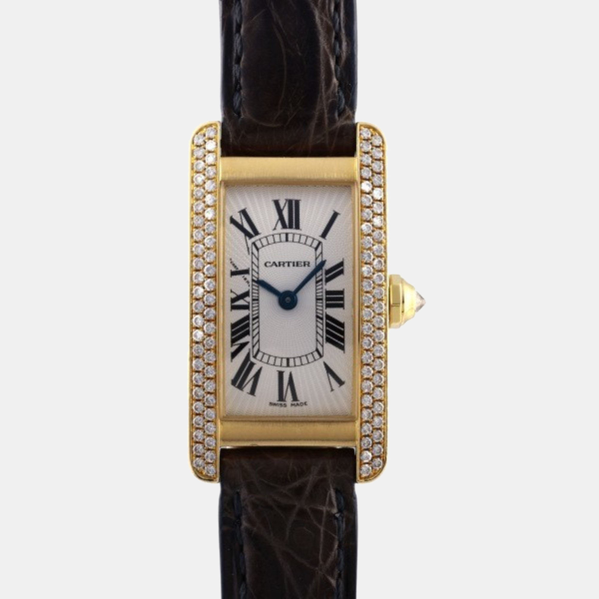 Cartier Silver Diamond 18k Yellow Gold Tank Americaine WB701251 Quartz Women's Wristwatch 34.5 mm