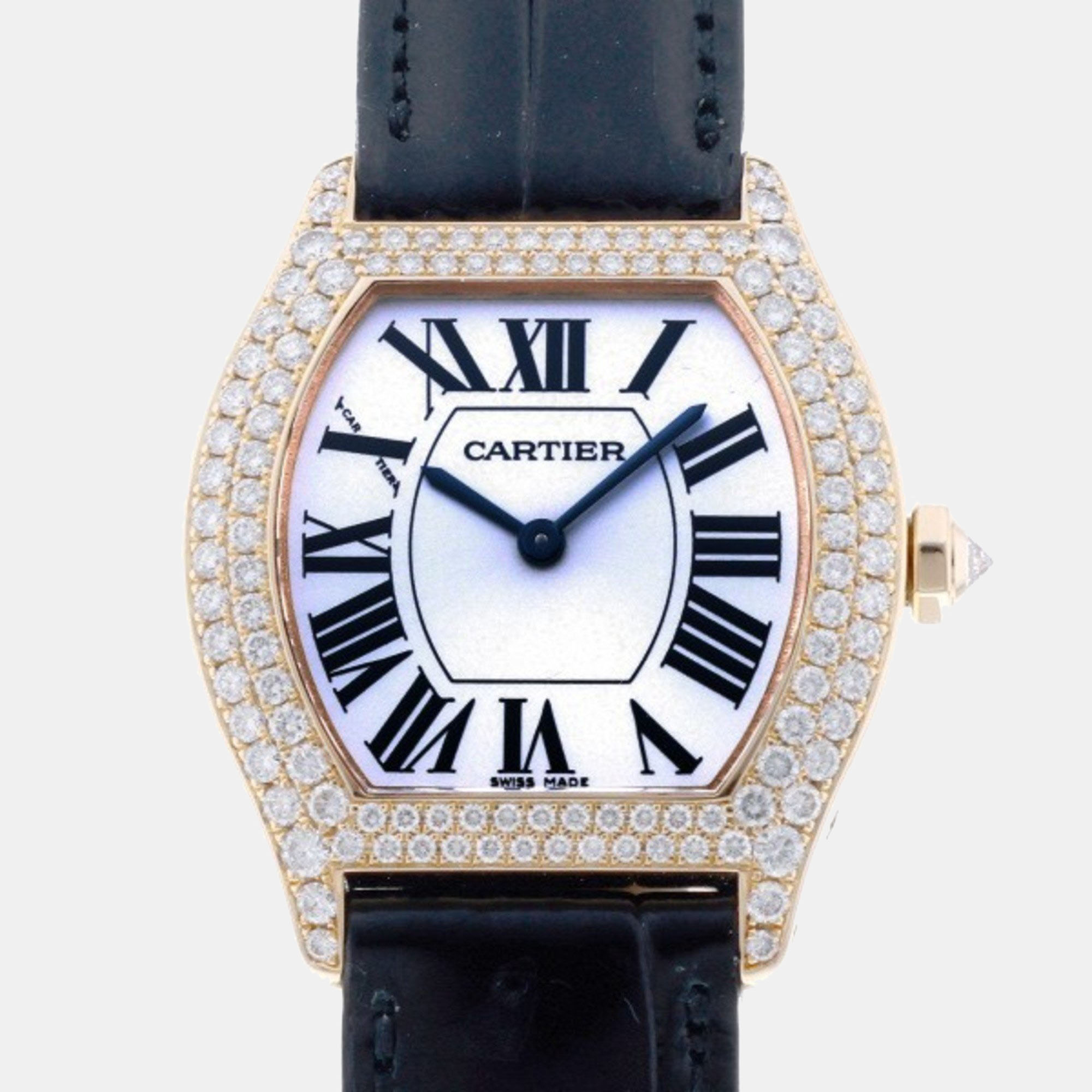 Cartier Silver Diamond 18k Yellow Gold Tortue WA504831 Manual Winding Women's Wristwatch 28.5 mm