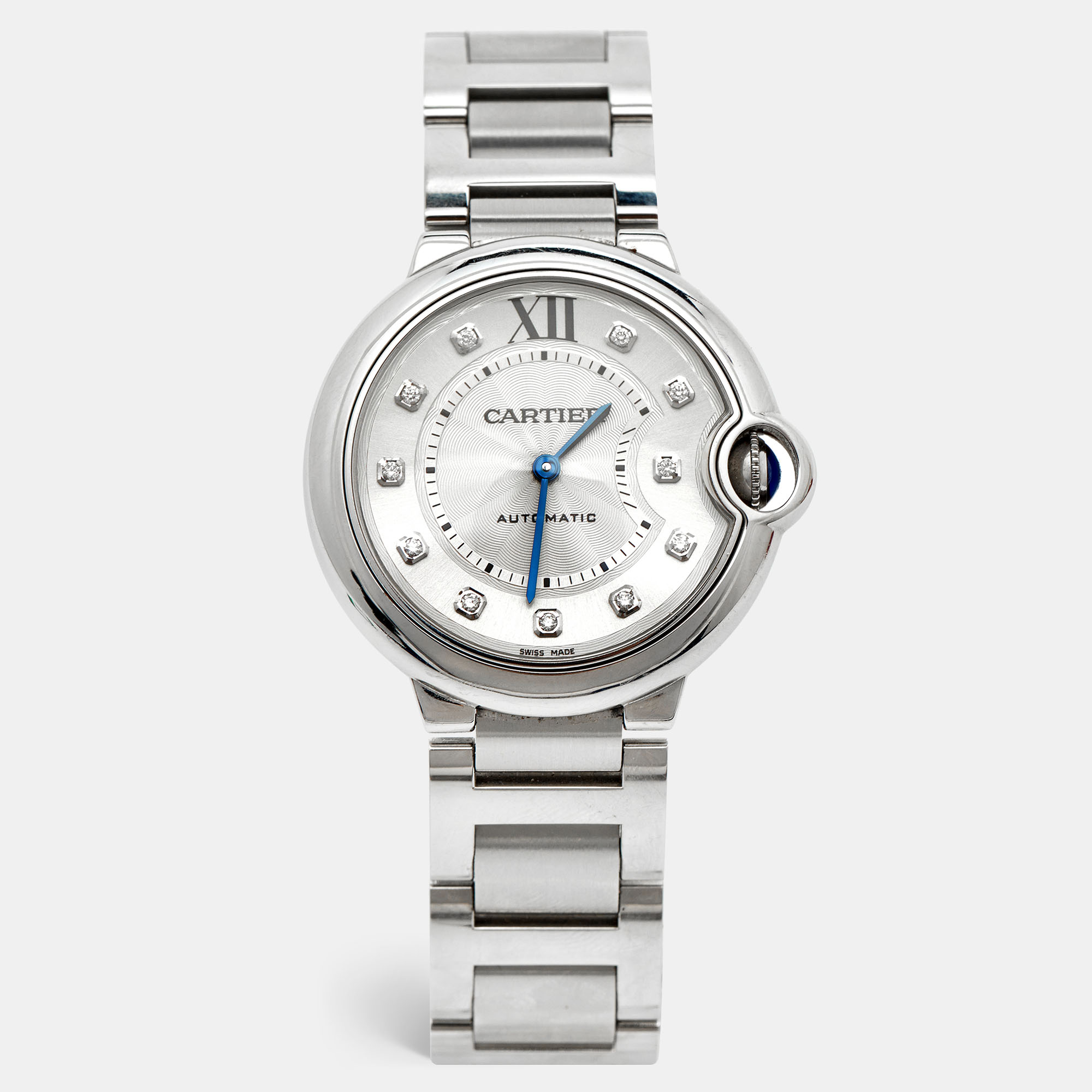 Cartier Silver Diamond Stainless Steel Ballon Bleu WE902075 Women's Wristwatch 36 mm