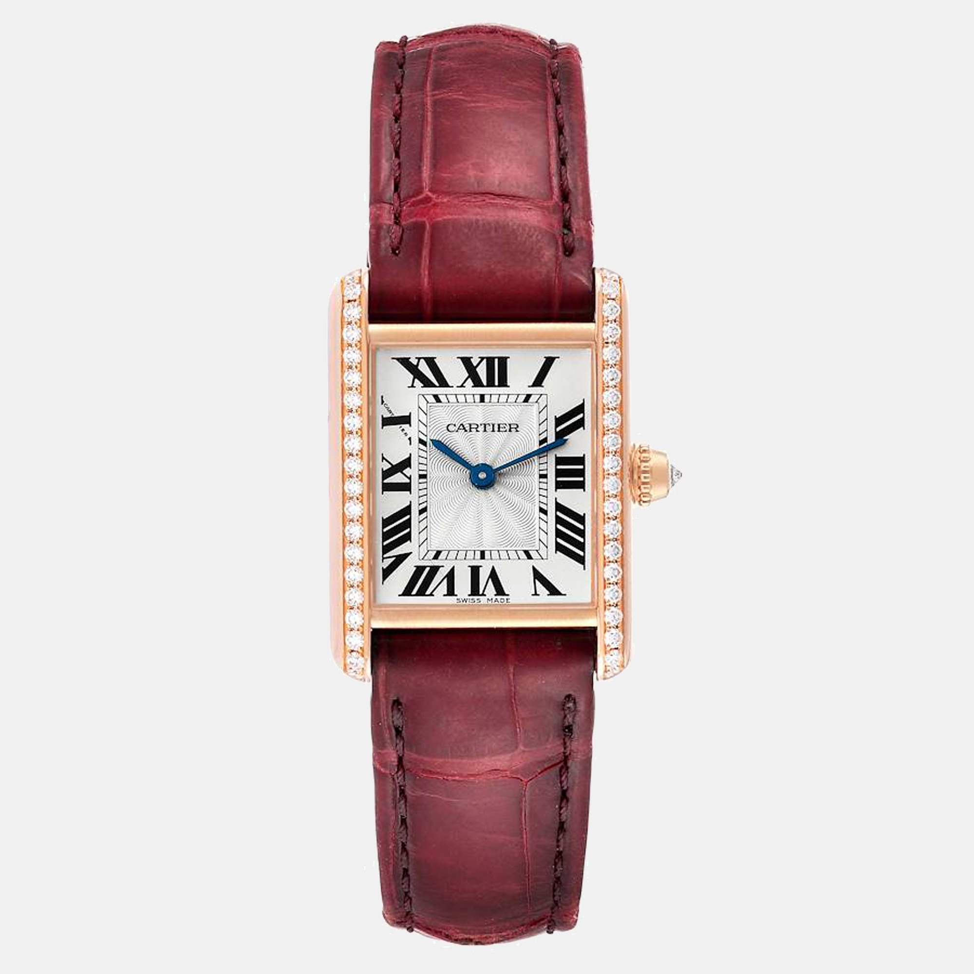 Cartier Silver Diamonds 18K Rose Gold Tank Louis WJTA0010 Women's Wristwatch 29.5 mm