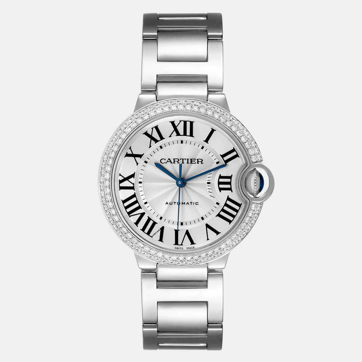 Cartier Silver Diamonds 18K White Gold Ballon Bleu Automatic WE9006Z3 Women's Wristwatch 36 mm