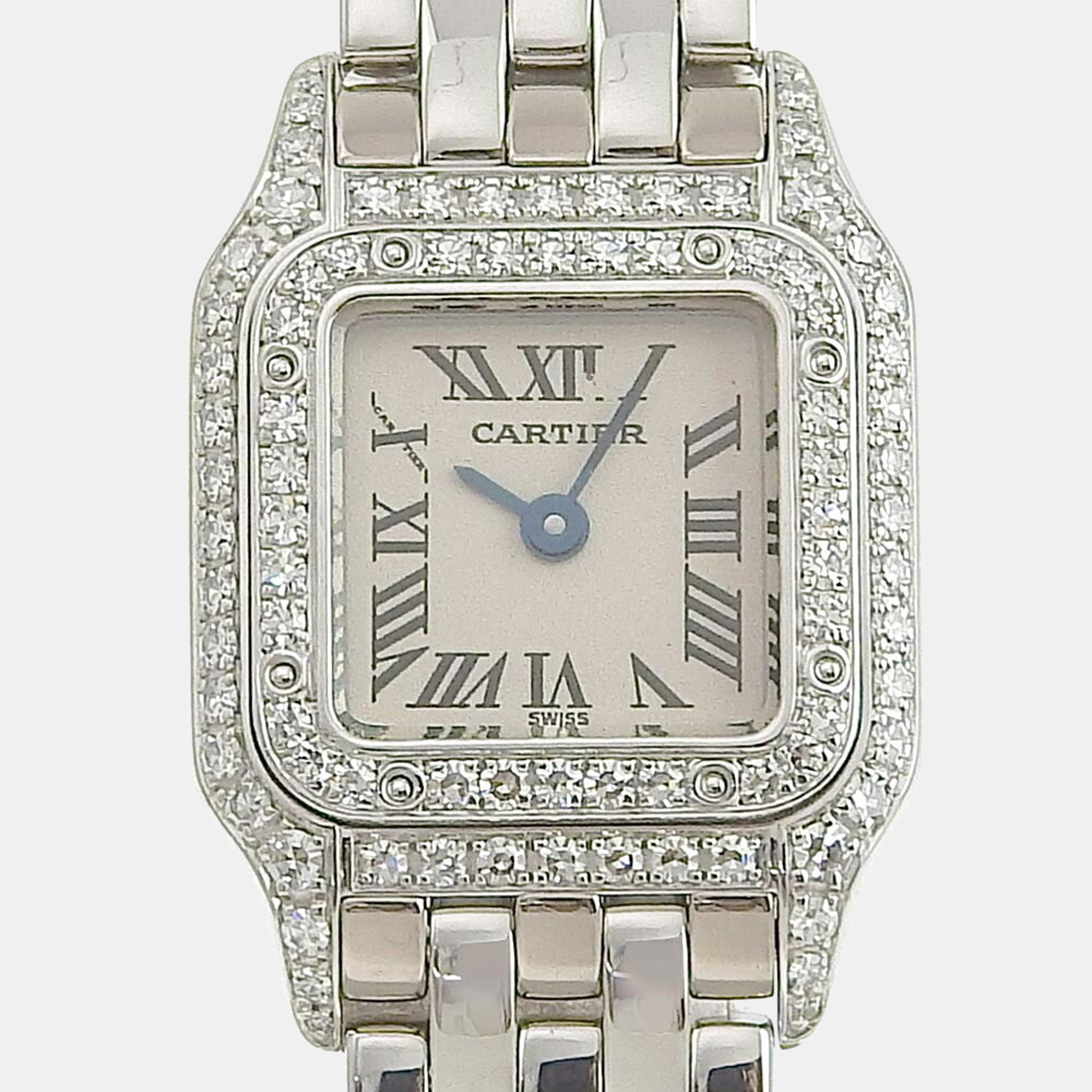 Cartier Silver Diamonds 18K White Gold Panthere WF3210F3 Women's Wristwatch 17 mm