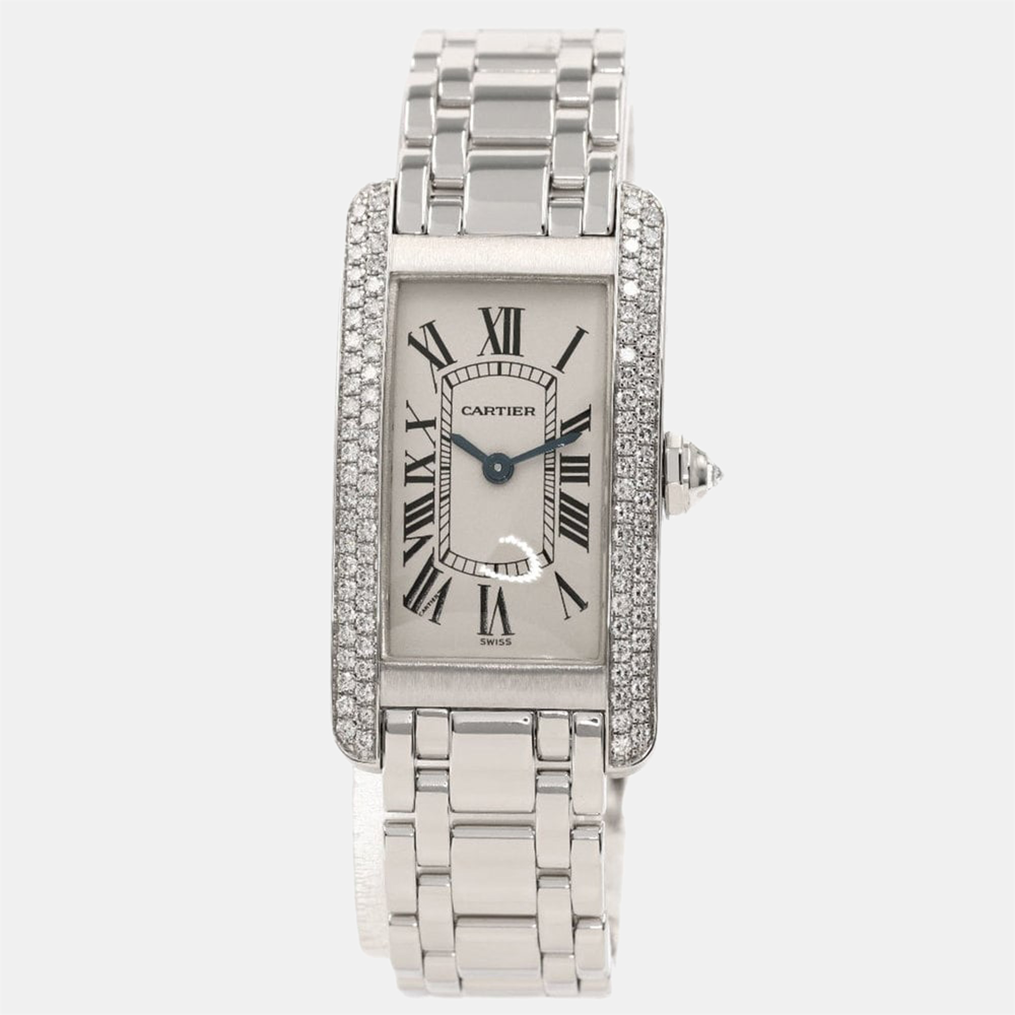 Cartier Silver Diamonds 18K White Gold Tank Americaine Women's Wristwatch 19 mm