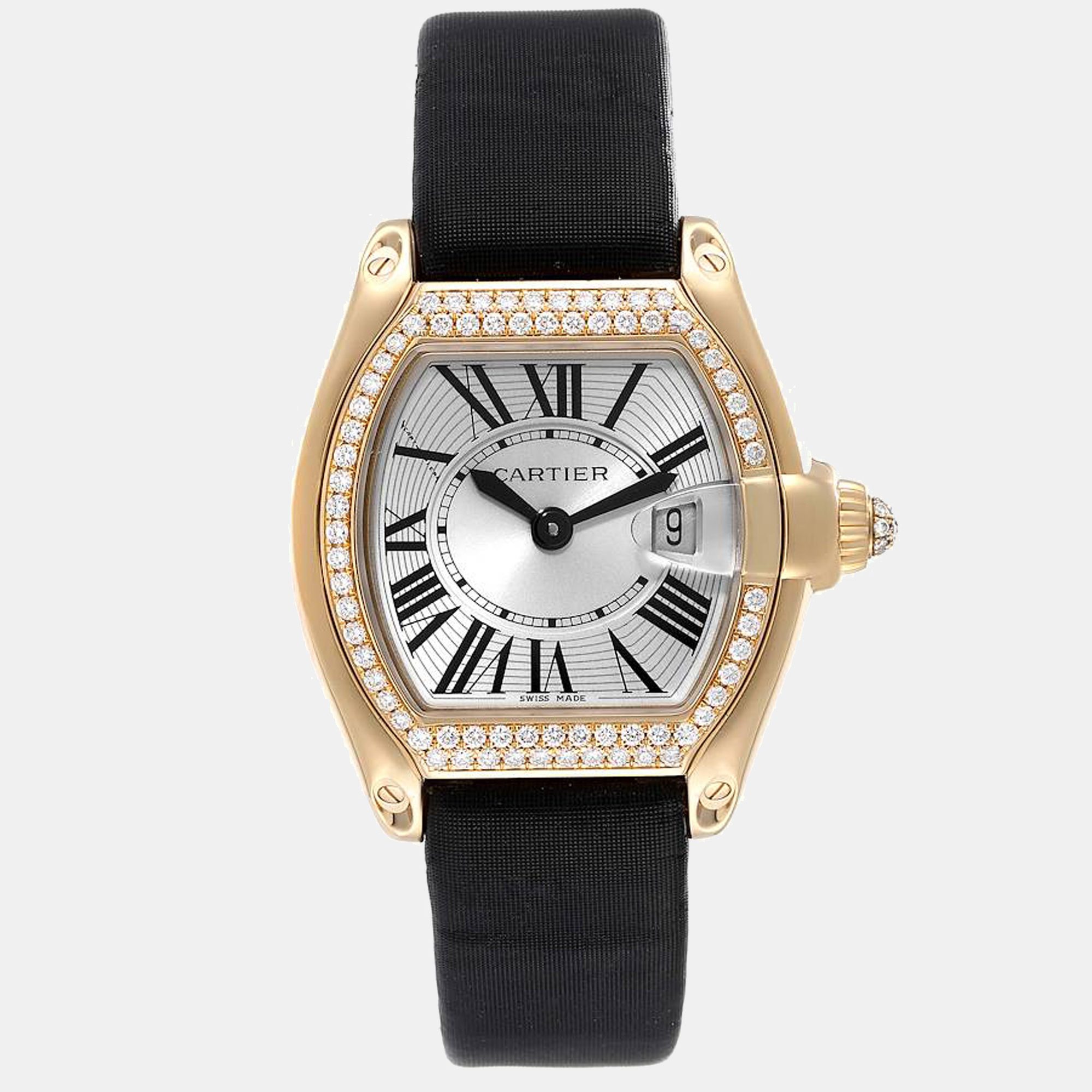 Cartier Silver Diamonds 18K Yellow Gold Roadster WE500160 Women's Wristwatch 37 mm