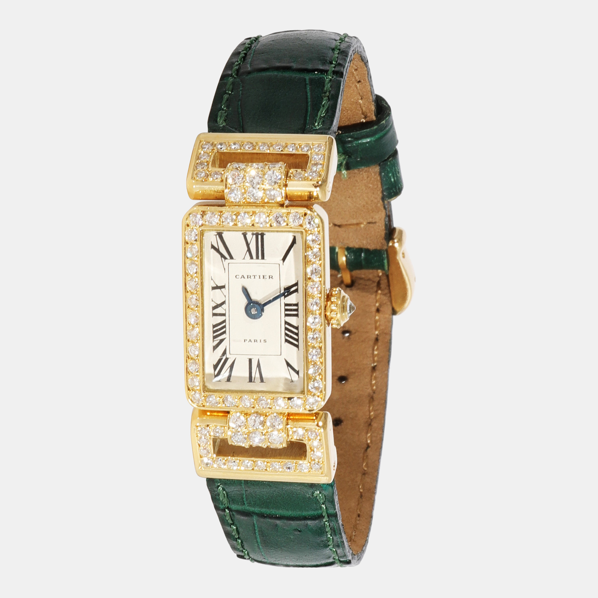 Cartier Silver Diamonds 18K Yellow Gold Tank Art Deco Women's Wristwatch 13.5 mm