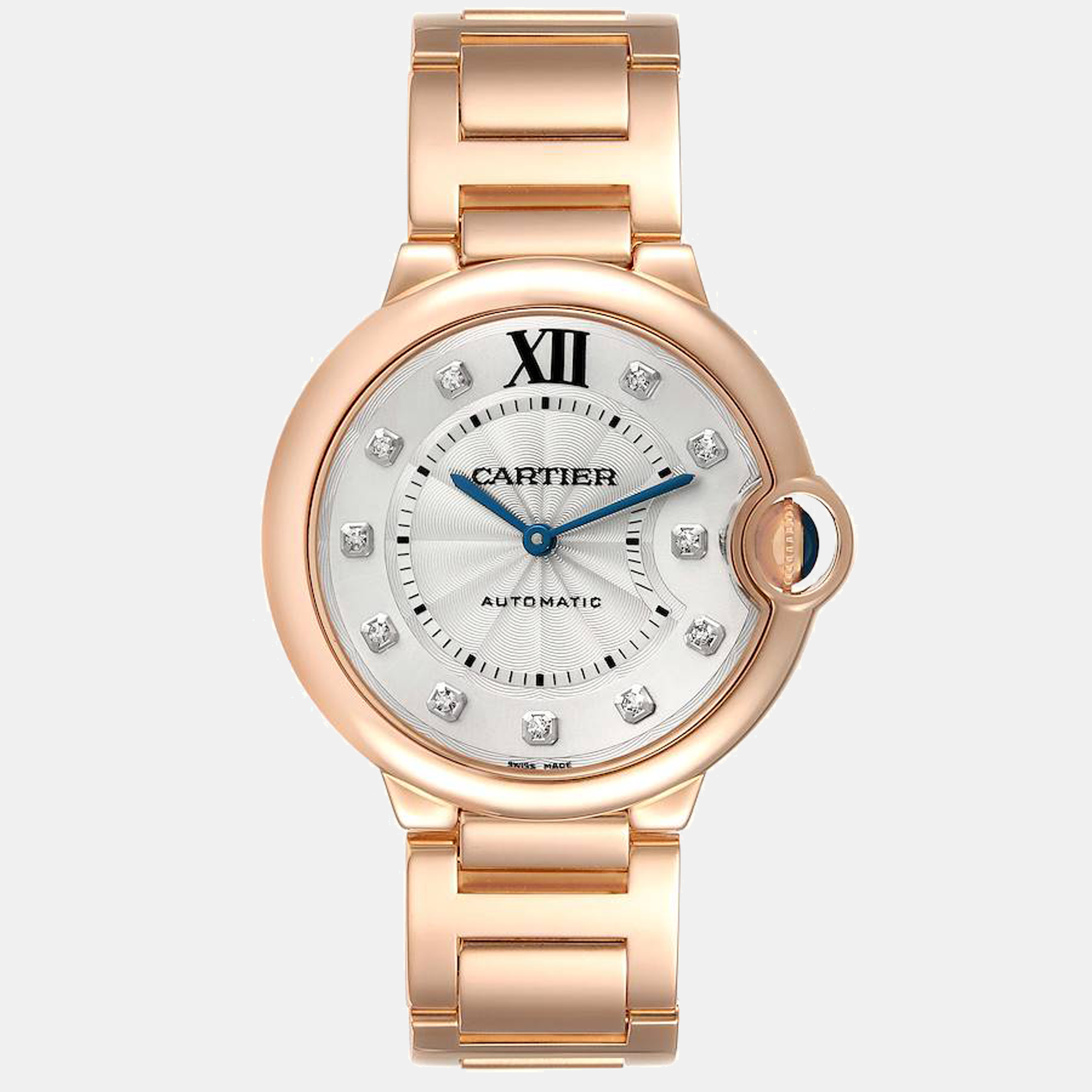 Cartier Silver Diamonds 18k Rose Gold Ballon Bleu WE902026 Automatic Women's Wristwatch 39 mm