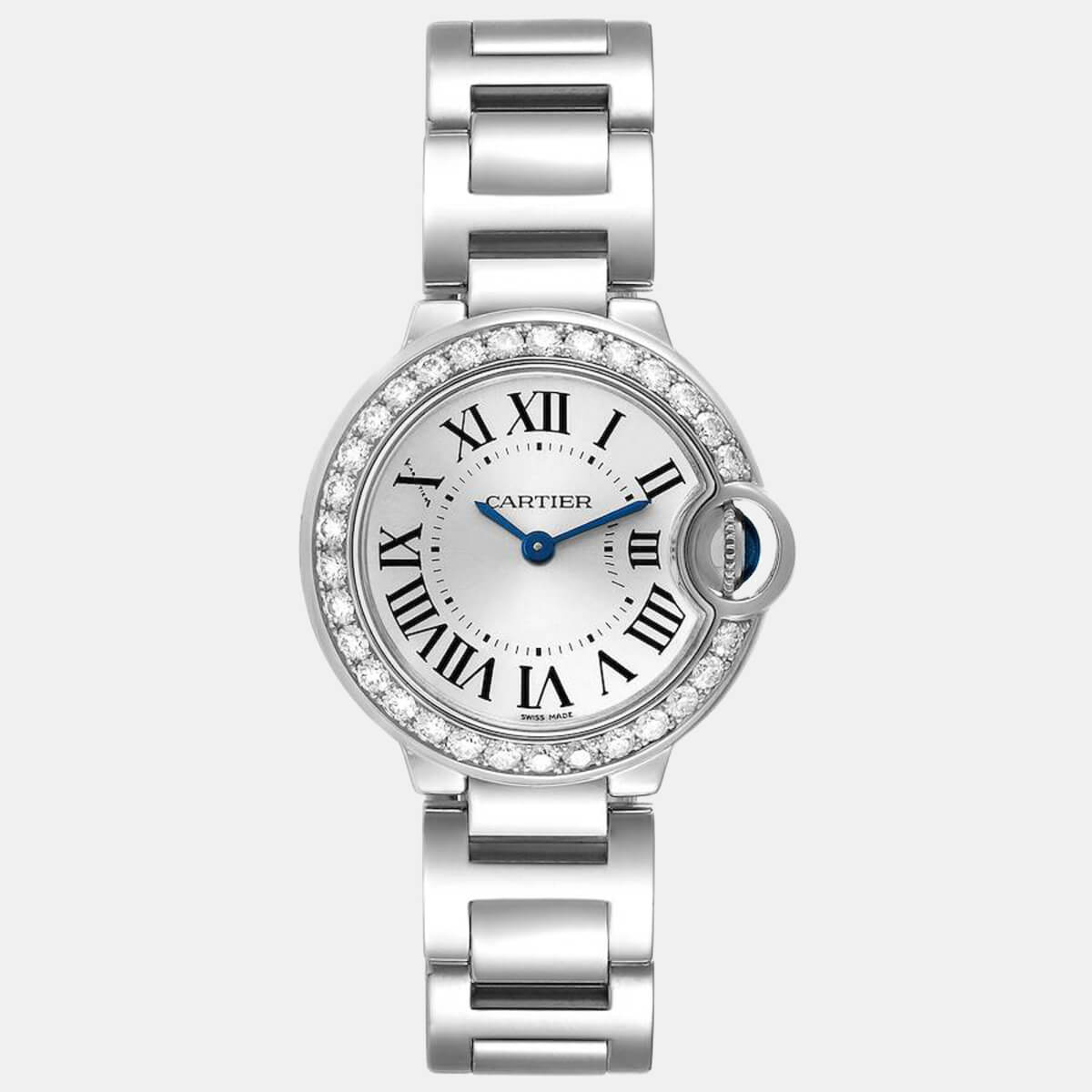 Cartier Silver Diamonds 18k White Gold Ballon Bleu WE9003Z3 Women's Wristwatch 28 mm